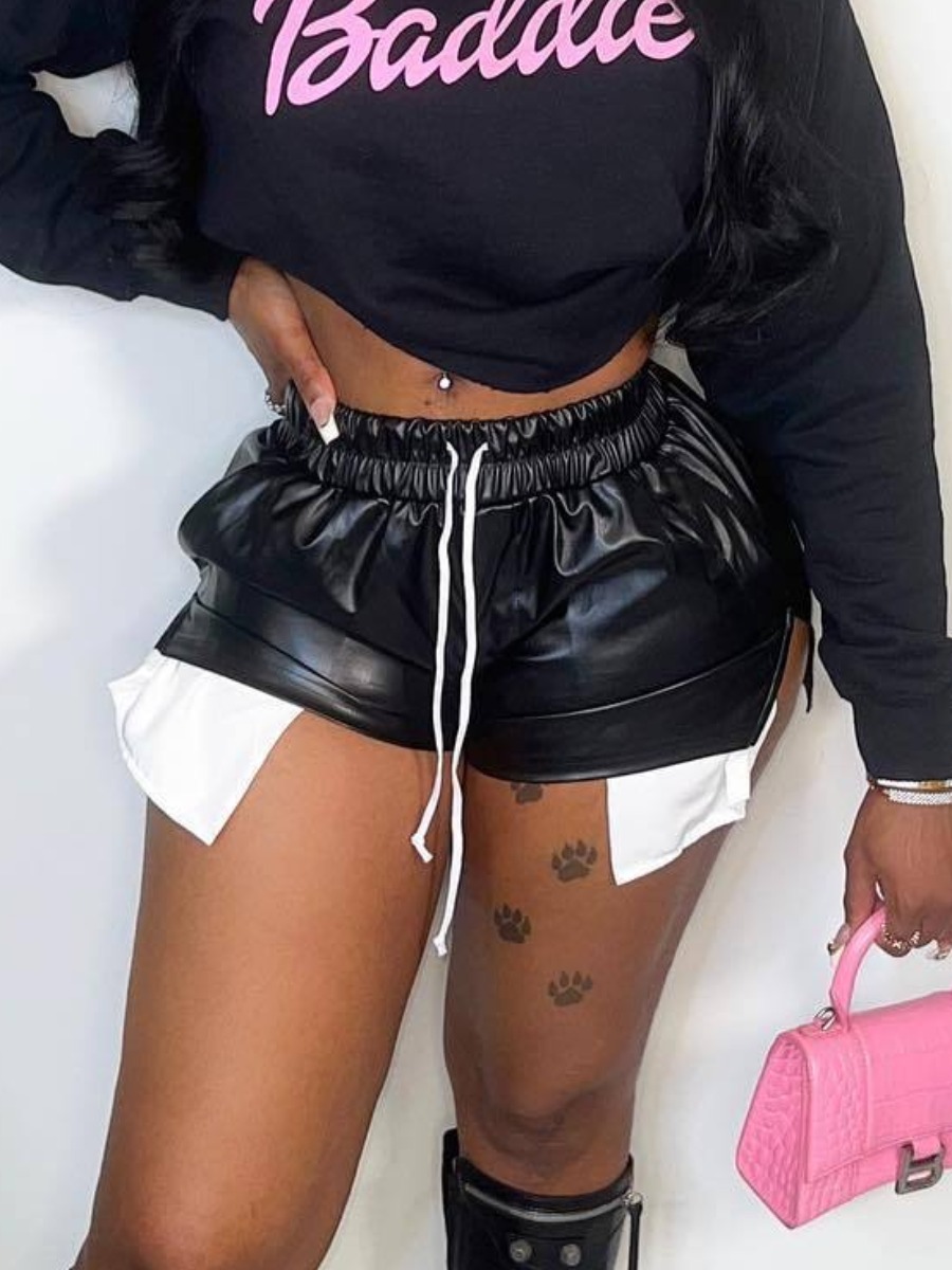 LW SXY Faux Leather Drawstring Pocket Design Shorts