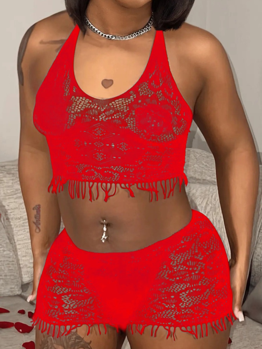 LovelyWholesale SXY Plus Size Mesh Tassel Design Skirt Set Summer Sleeveless Sxy Cut Out Halter  OneSize Spring Summer 2024