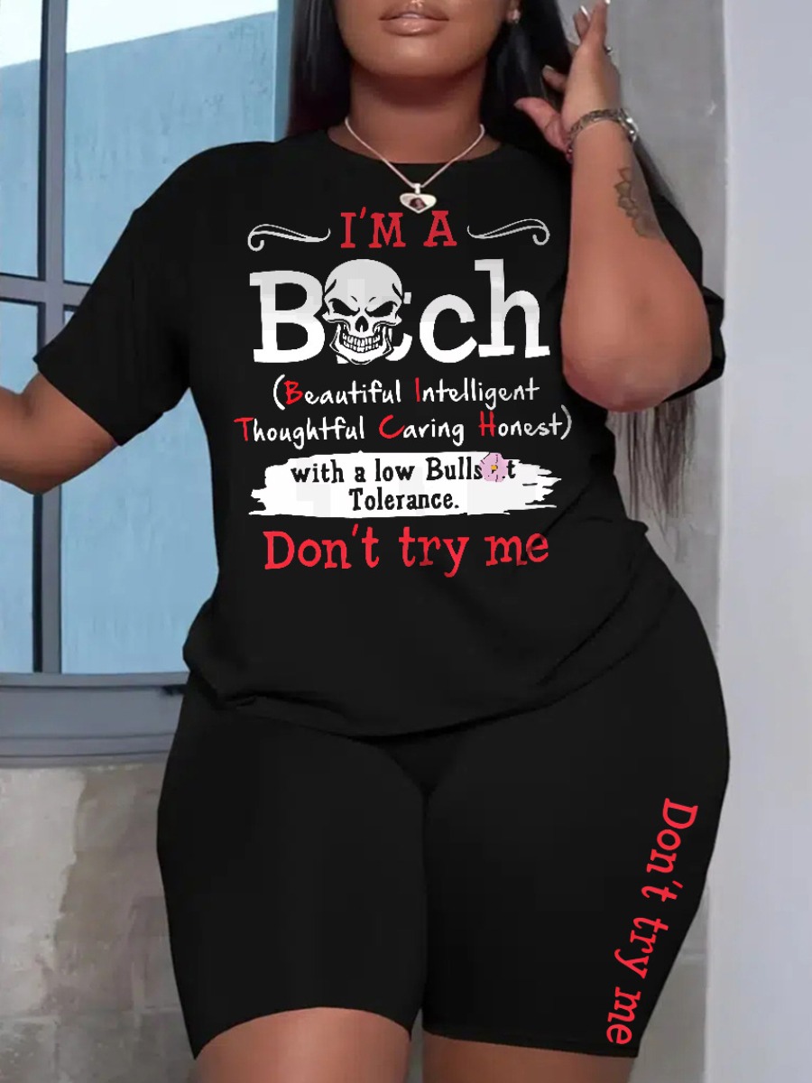 LovelyWholesale Plus Size Skull Head Letter Print Shorts Set Summer Short Sleeve Casual Pattern Round Neck  5X Spring Summer 2024