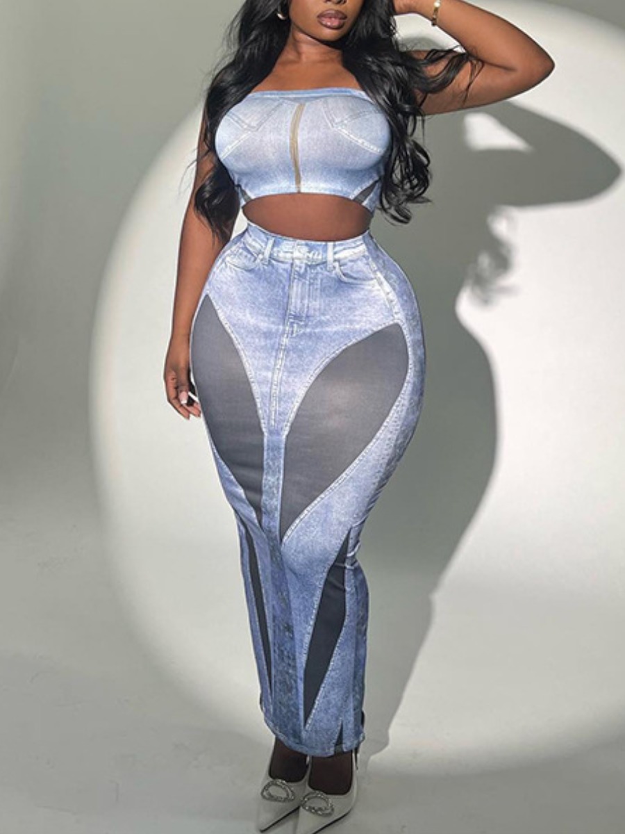 LovelyWholesale SXY Imitation Denim Crop Top See Through Skirt Set Summer Sleeveless Sxy See Through Round Neck Spring Summer 2024
