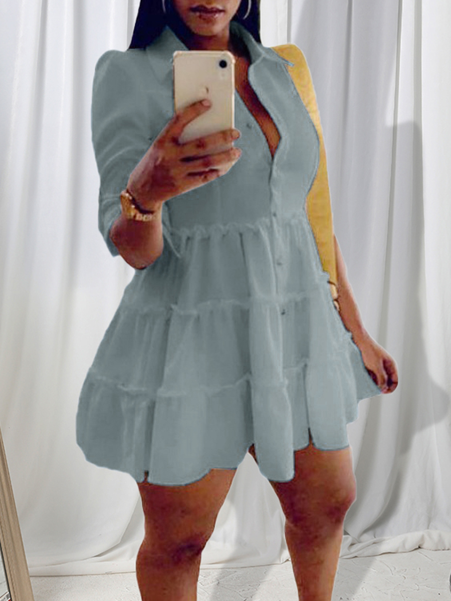 LovelyWholesale Button Ruffle Design A Line Shirt Dress Summer Half Sleeve Casual Button Design Turndown Collar Spring Summer 2024