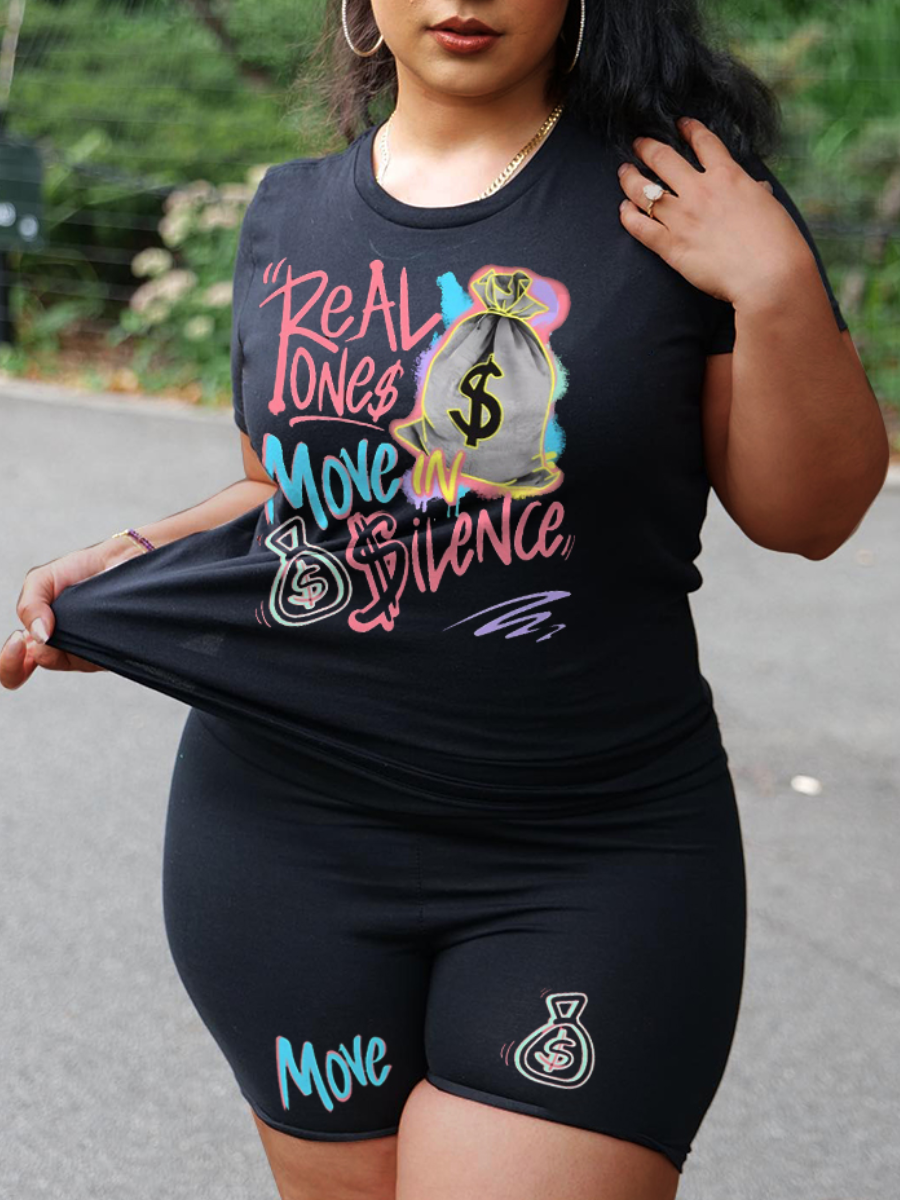 LovelyWholesale Plus Size Graffiti Letter Print Shorts Set Summer Short Sleeve Casual Graffiti Element Round Neck  5X Spring Summer 2024