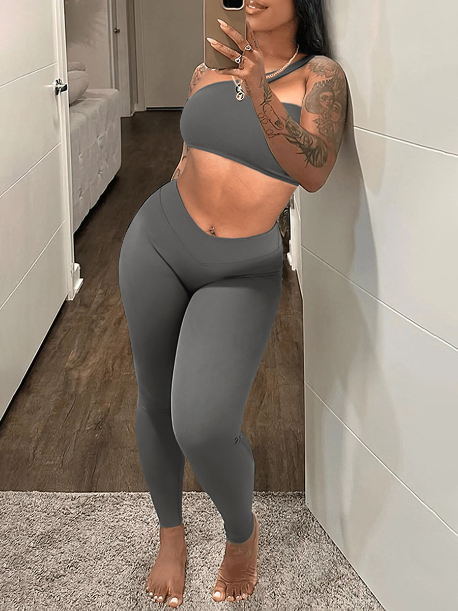 LovelyWholesale One Shoulder Crop Top Skinny Pants Set Spring Sleeveless Casual Vests One Shoulder Spring Summer 2024