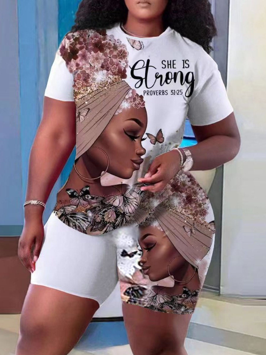 LovelyWholesale Plus Size Figure Butterfly Letter Print Shorts Set Summer Short Sleeve Casual Pattern Round Neck  5X Spring Summer 2024