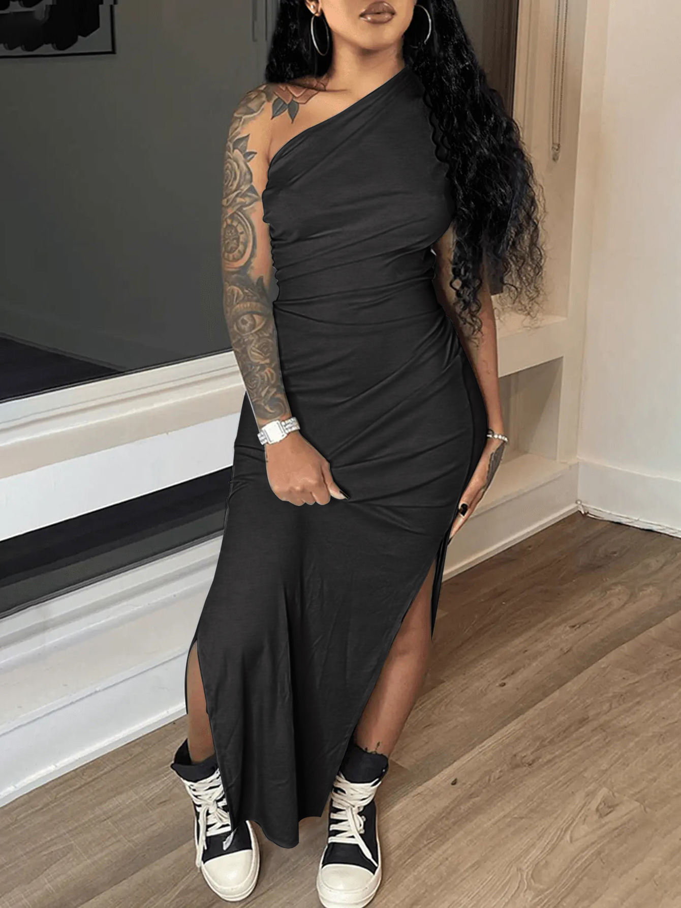 LovelyWholesale One Shoulder Thigh Slit Bodycon Dress Summer Sleeveless Elegant None One Shoulder Spring Summer 2024