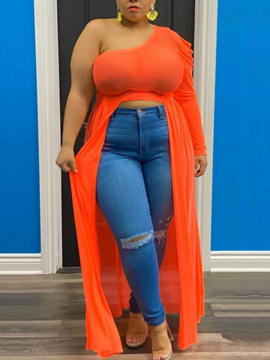LovelyWholesale Plus Size One Shoulder Front Split T-shirt Summer Sleeveless Street Shrugs Cold Shoulder  5X Spring Summer 2024