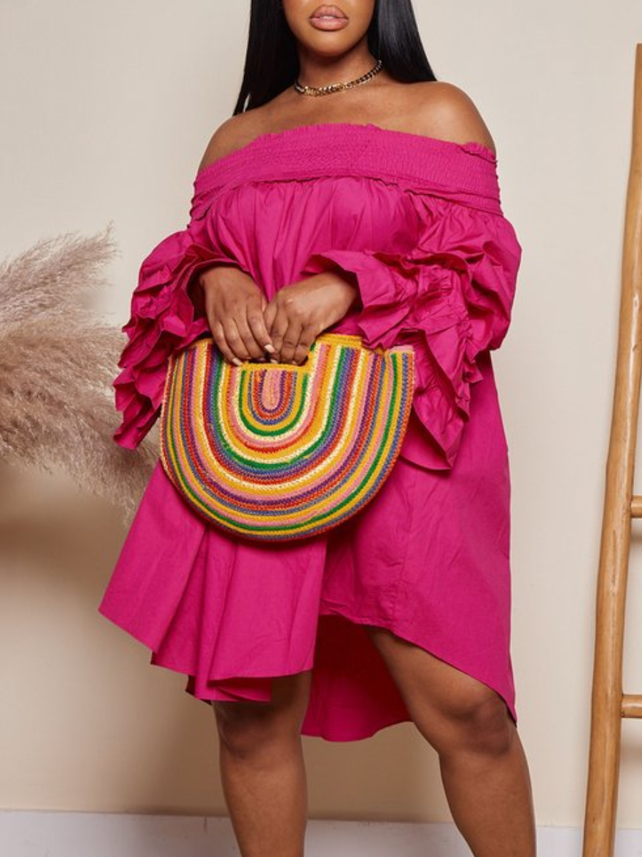 LovelyWholesale Plus Size Off The Shoulder Layered Cascading Flounce Design Dress Fall Long Sleeve Vacation Ruffle Bateau Neck  Spring Summer 2024