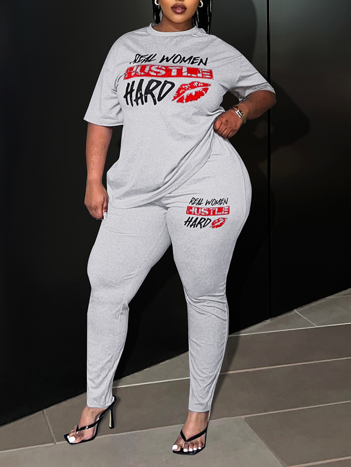 LW BASICS Plus Size Lip Letter Print Pants Set