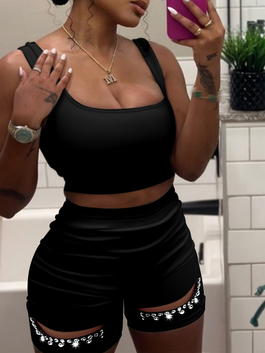 LW Plus Size Cami Cut Out Rhinestone Decor Shorts Set