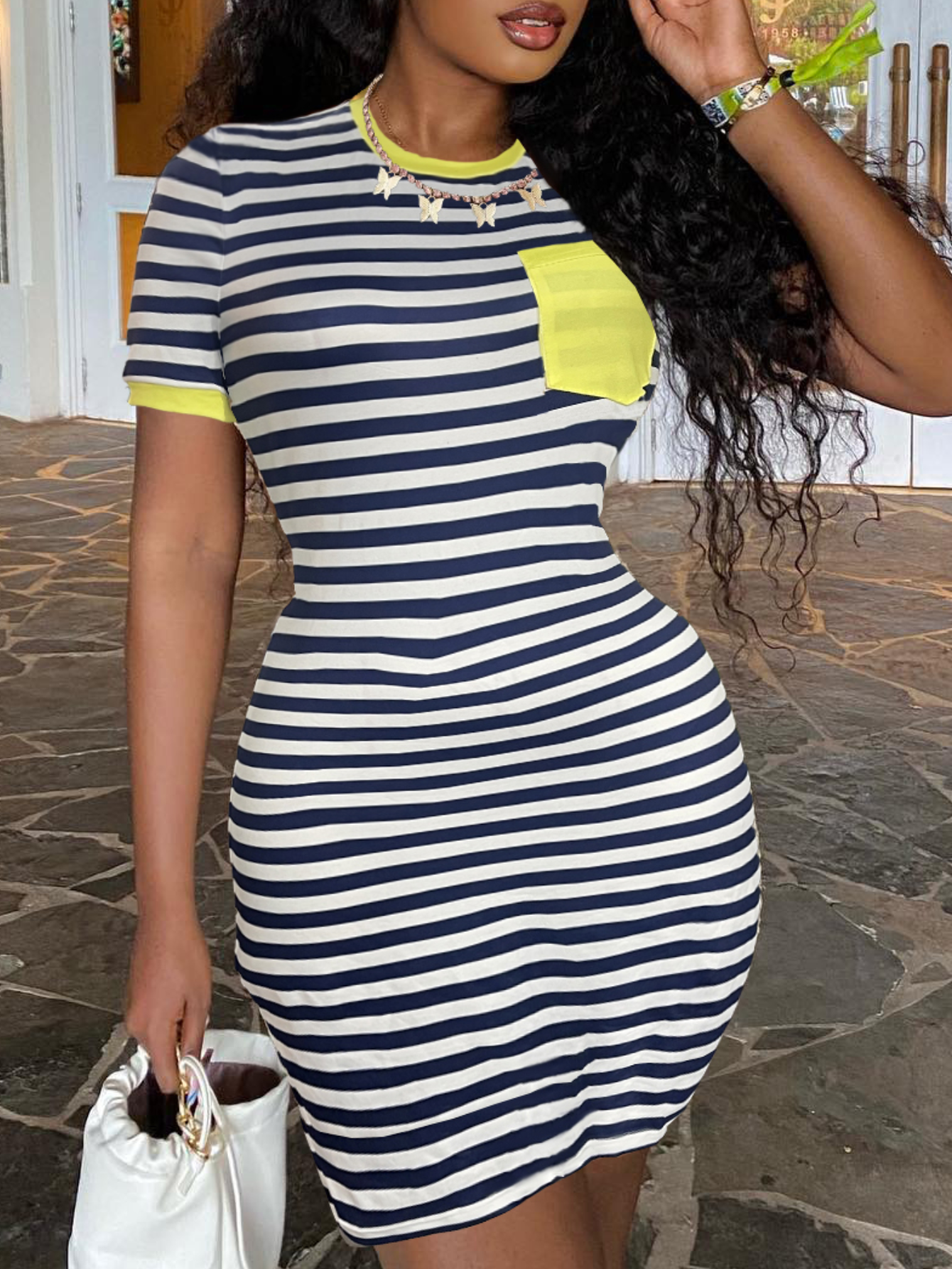 LW Round Neck Striped Bodycon Dress