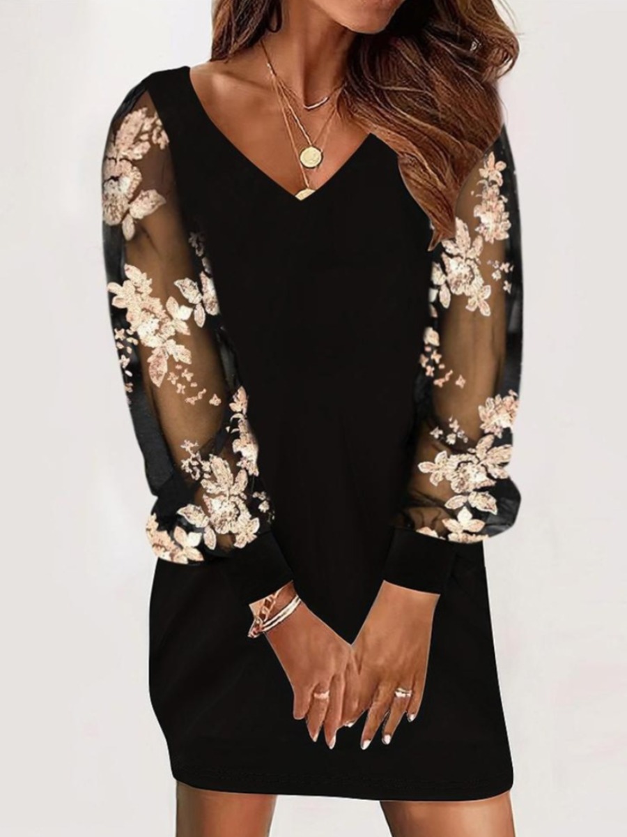 LW SXY Plus Size V Neck Floral Decor See Through D