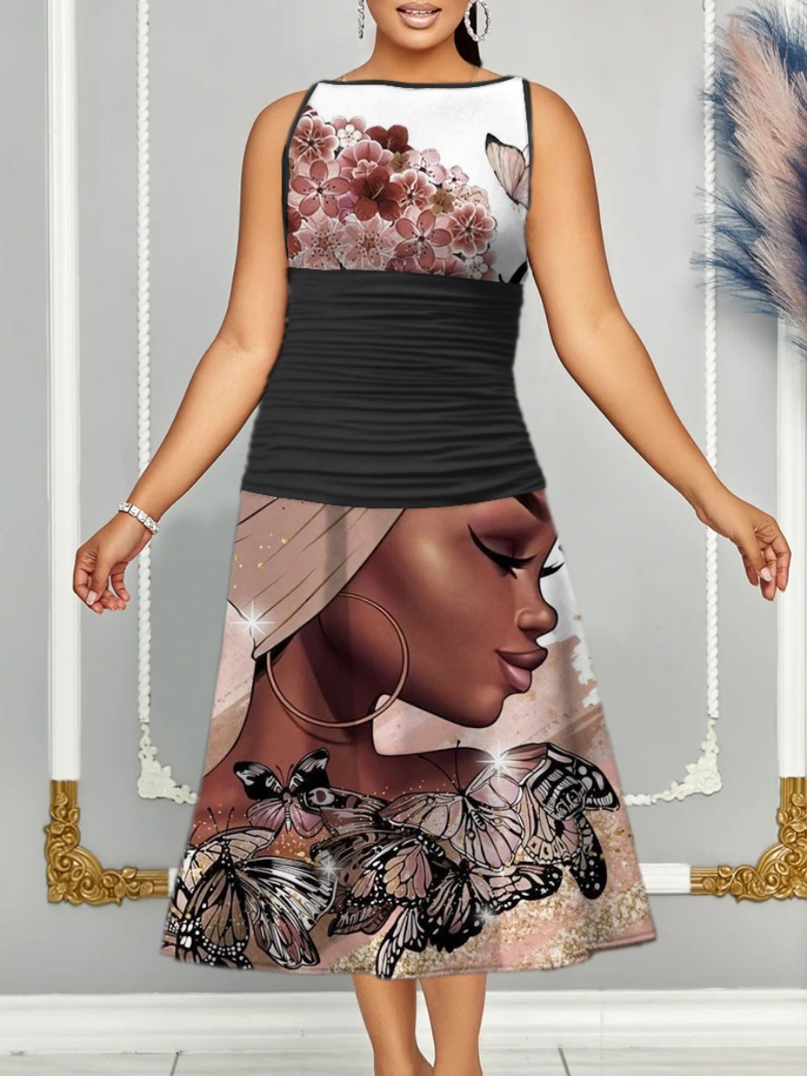 LW Plus Size Figure Butterfly Floral Print A Line Dress