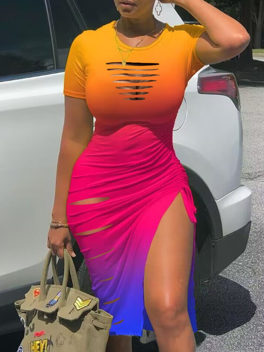 LW Plus Size Gradient Ripped Ruched Drawstring Dress