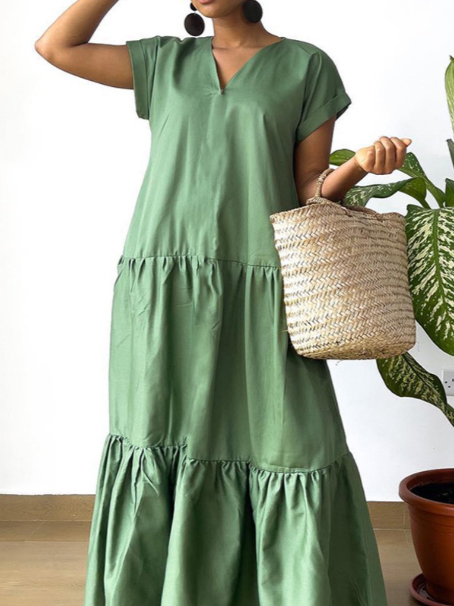 LW Plus Size V Neck Ruffle Design A Line Dress