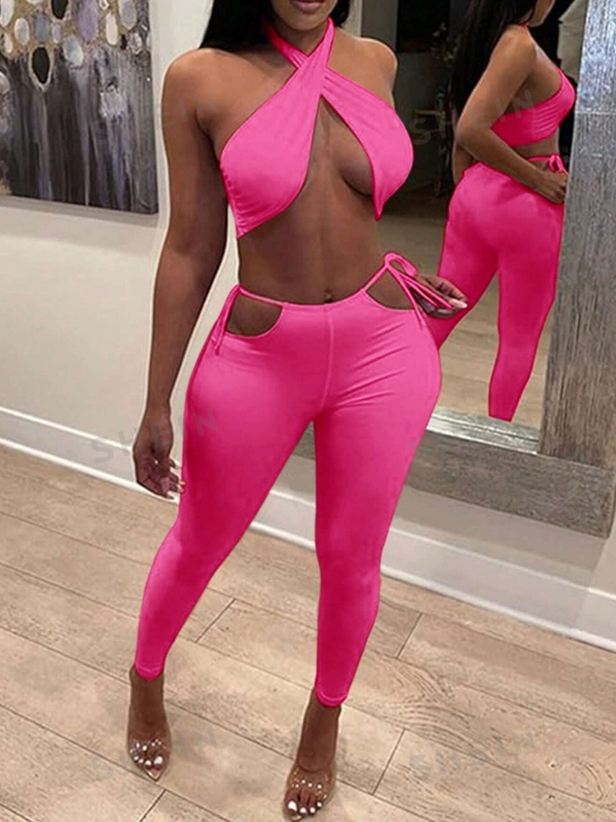 LovelyWholesale SXY Bandage Cut Out Design Pants Set Spring Sleeveless Sxy Bandage Design Halter Spring Summer 2024
