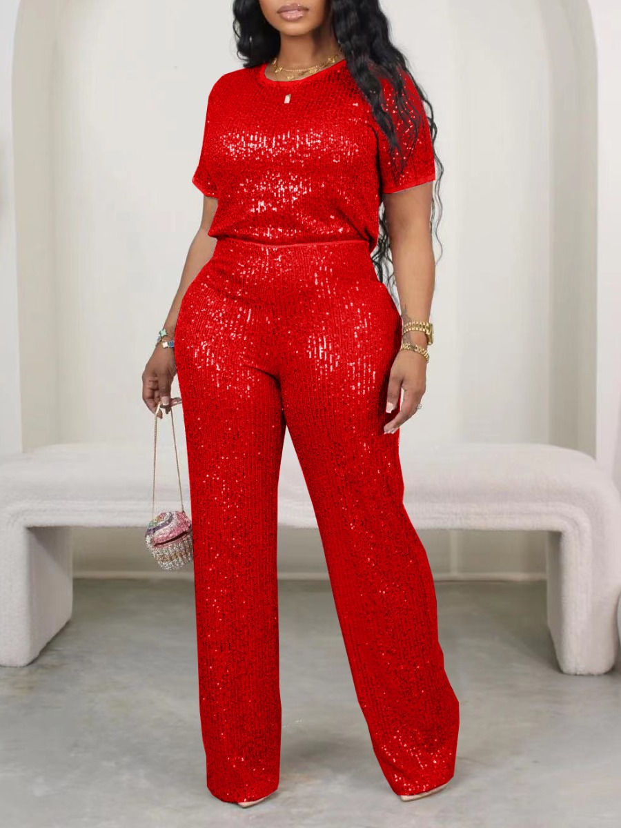 LW SXY Plus Size Sequined Wide Leg High Waist Pants Set