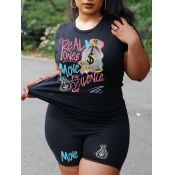 LW Plus Size Graffiti Letter Print Shorts Set