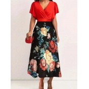 LW Plus Size V Neck Floral Print A Line Dress