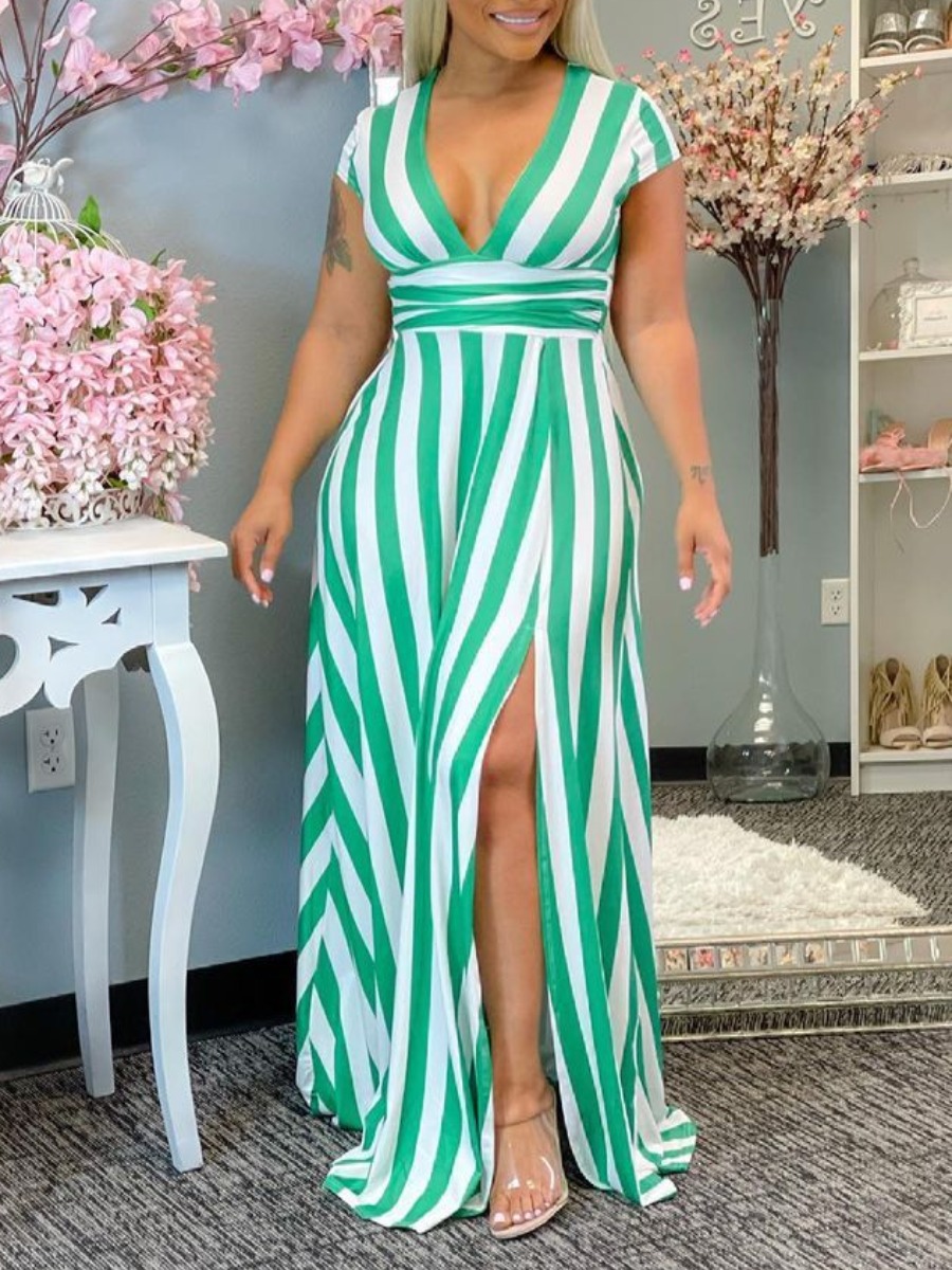 LW Plus Size V Neck Striped Thigh Slit Dress