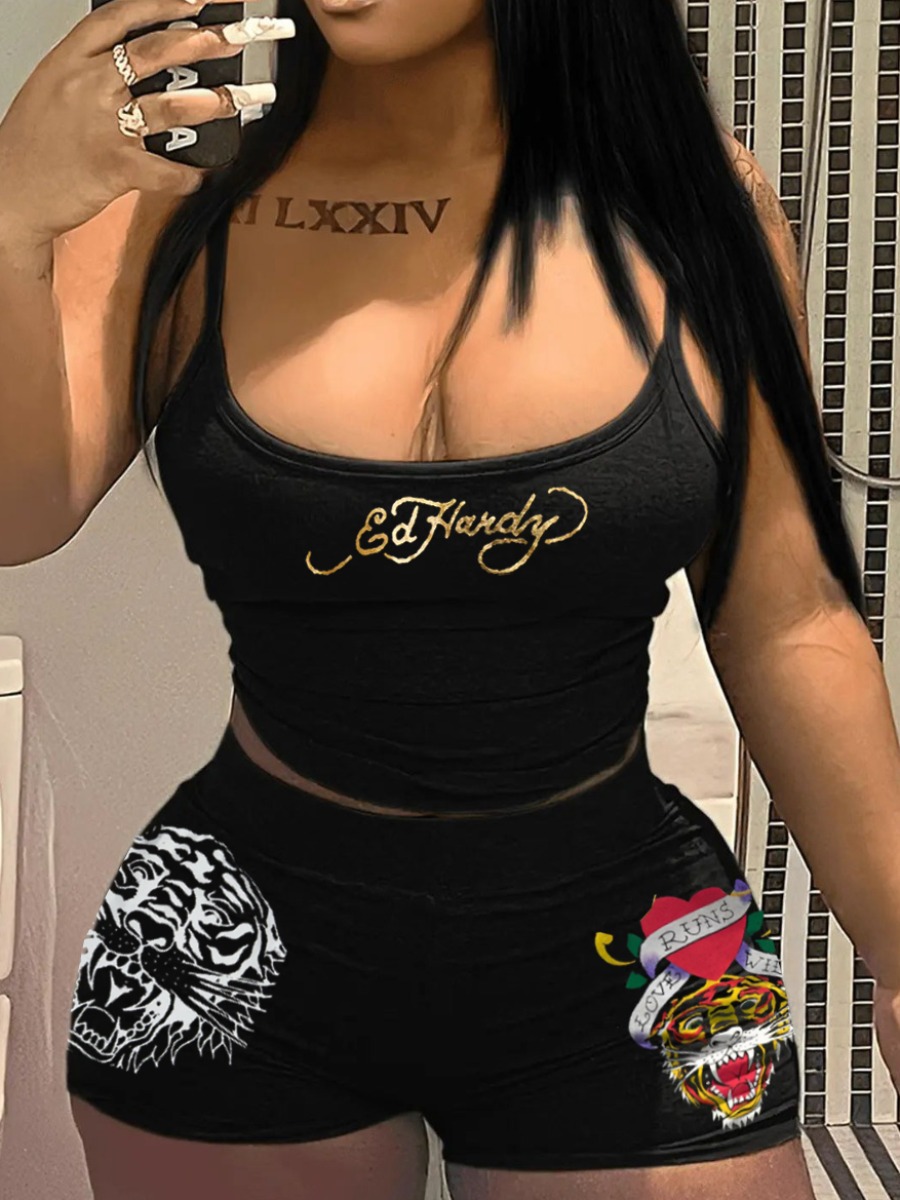 LW Plus Size Cami Figure Letter Print Shorts Set