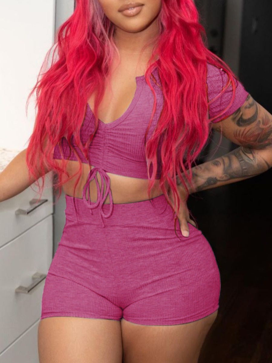 LW BASICS Crop Top Ruched Drawstring Shorts Set
