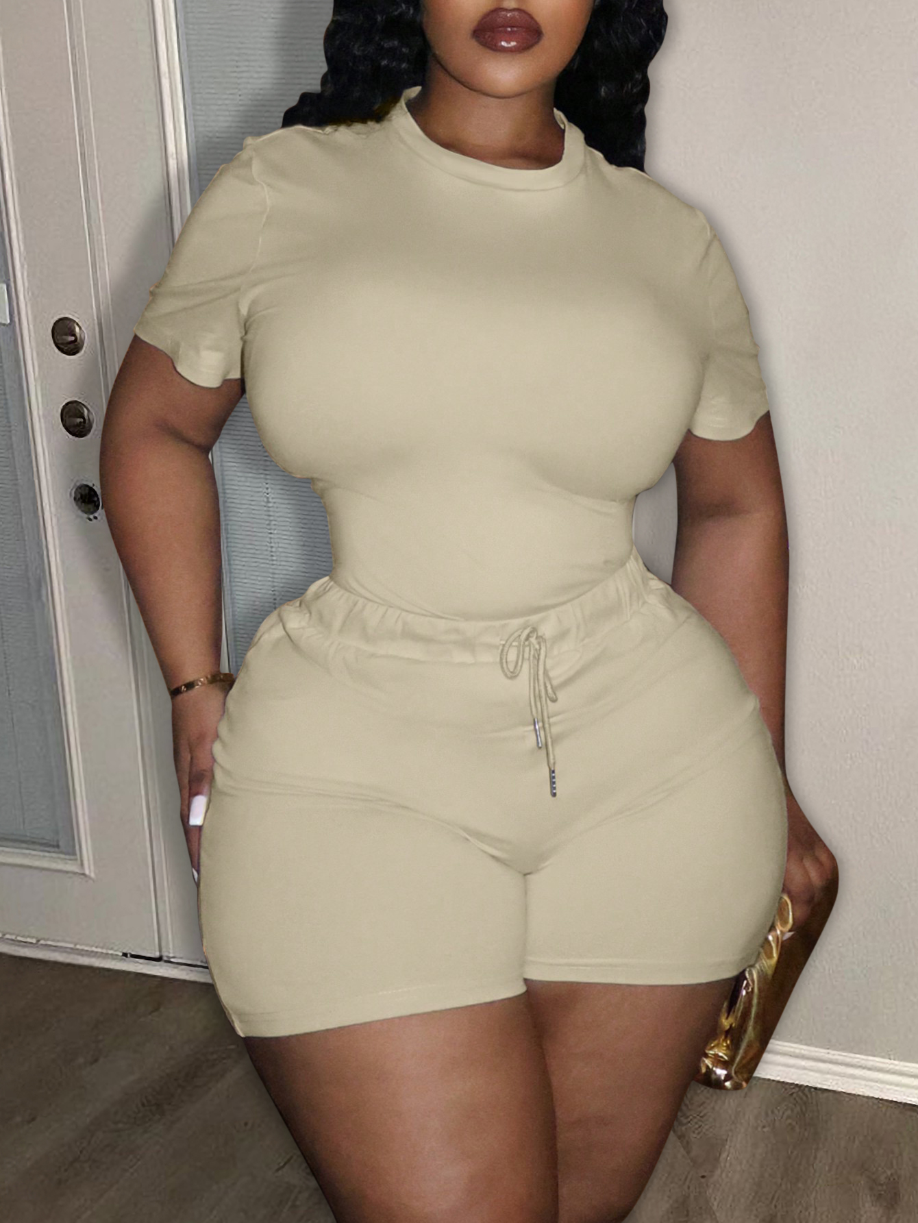 LW Plus Size Round Neck Drawstring Shorts Set