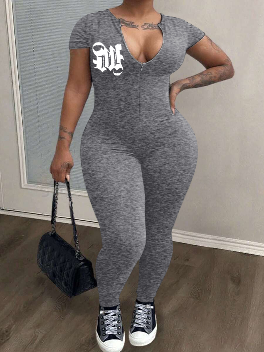 LW Plus Size Letter Print Zipper Design Jumpsuit