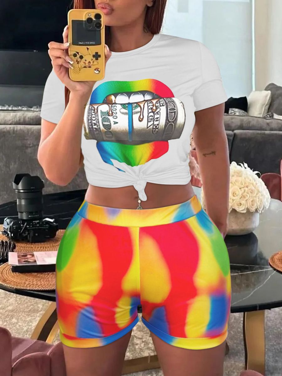LW Plus Size Lip Money Print Tie Dye Shorts Set