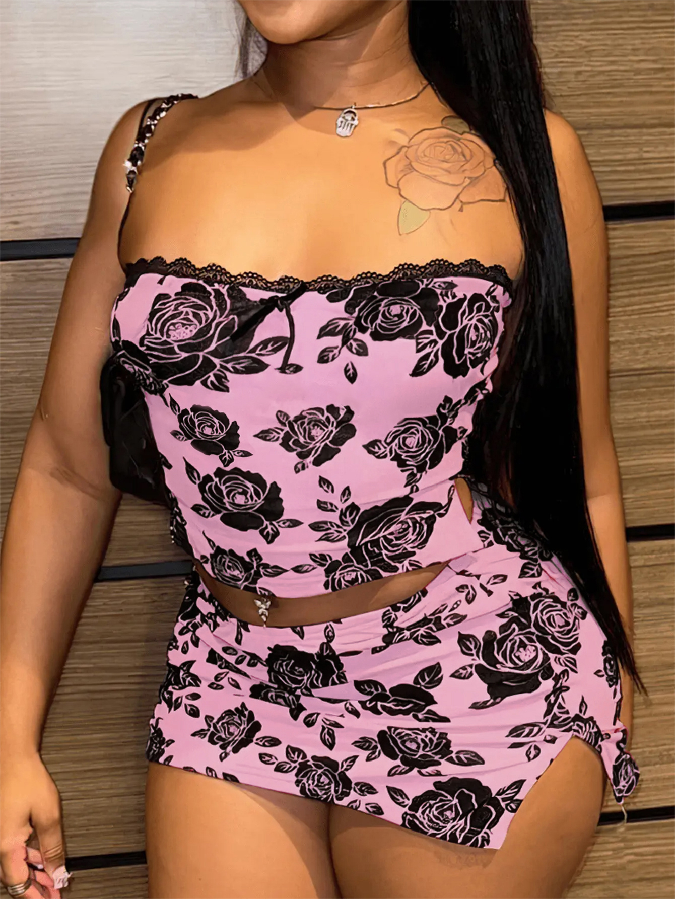 LW Floral Print Lace Side Slit Skirt Set