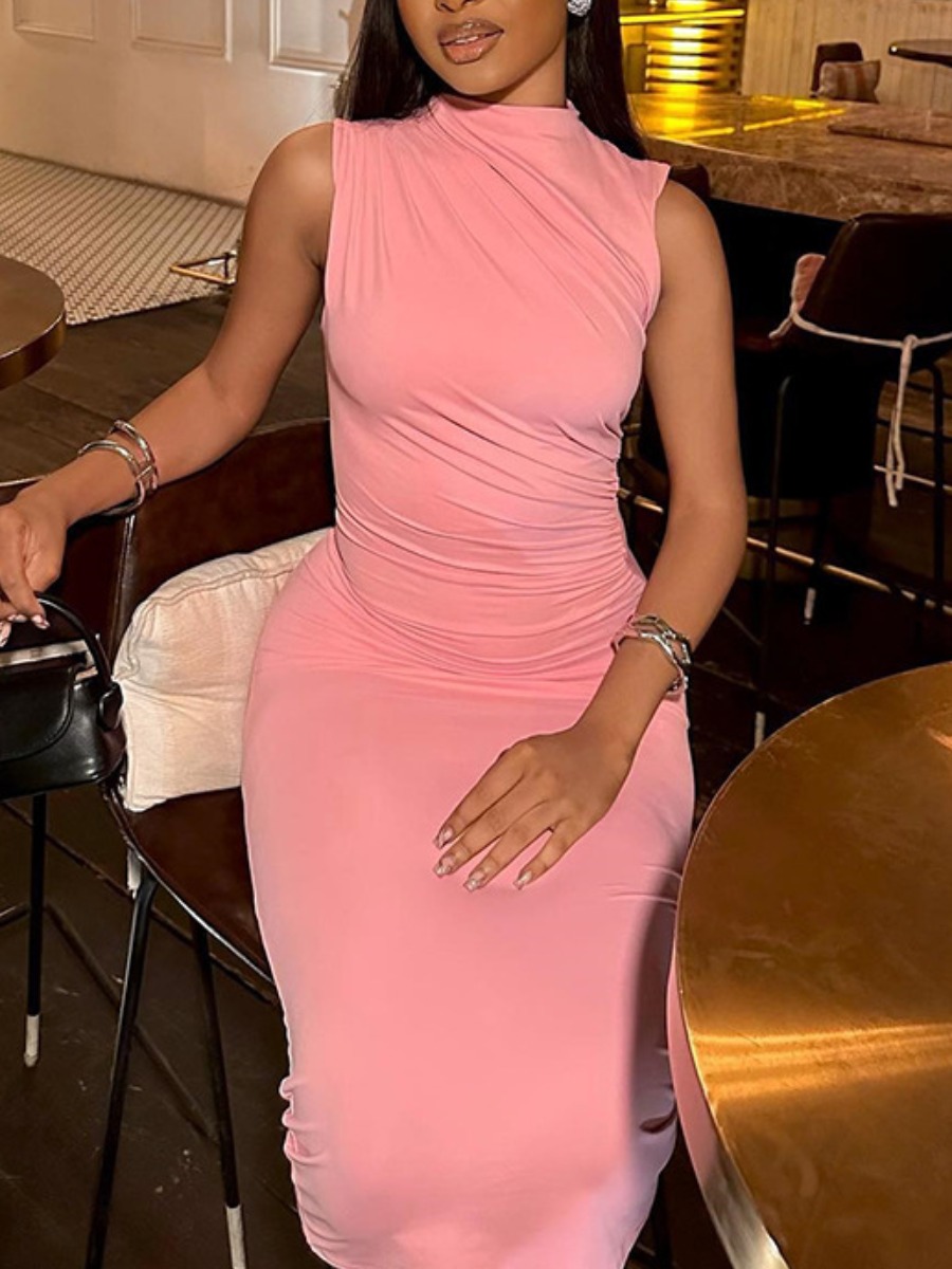 LW Round Neck Ruched Bodycon Dress