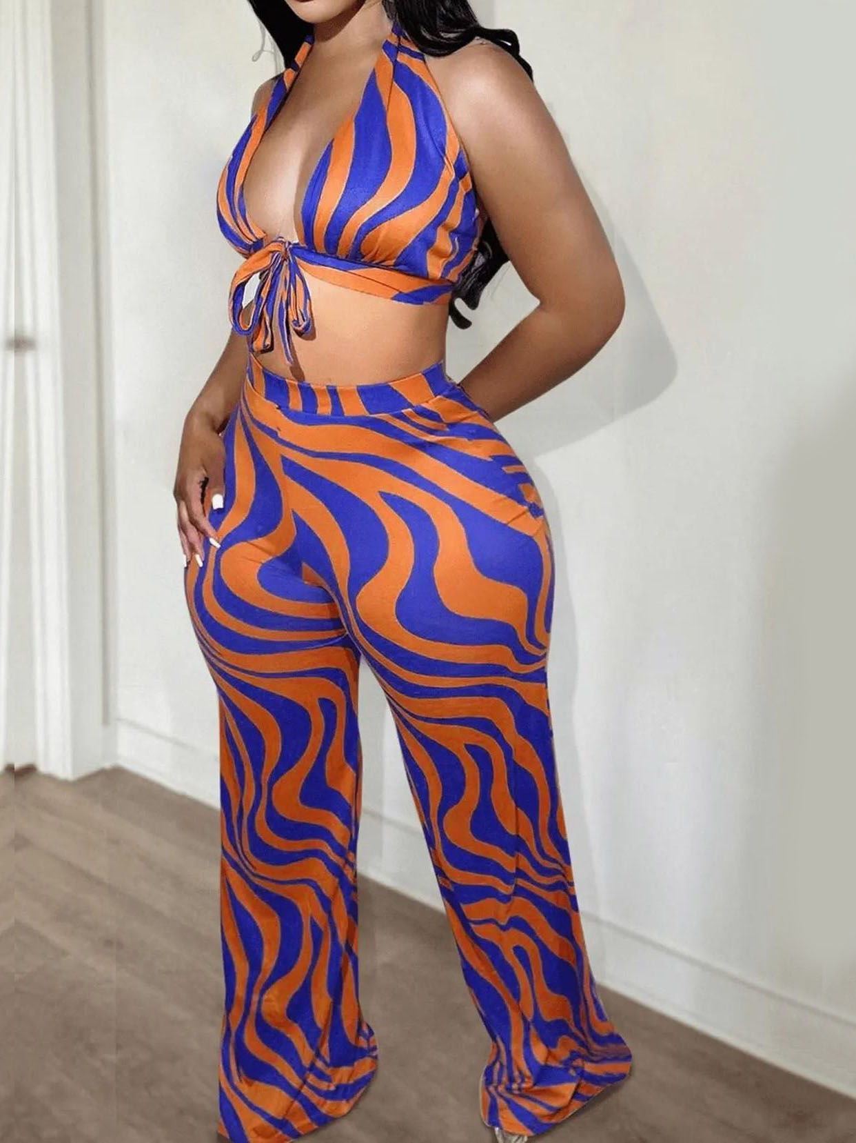 LW Striped Bandage Design Wide Leg Pants Set