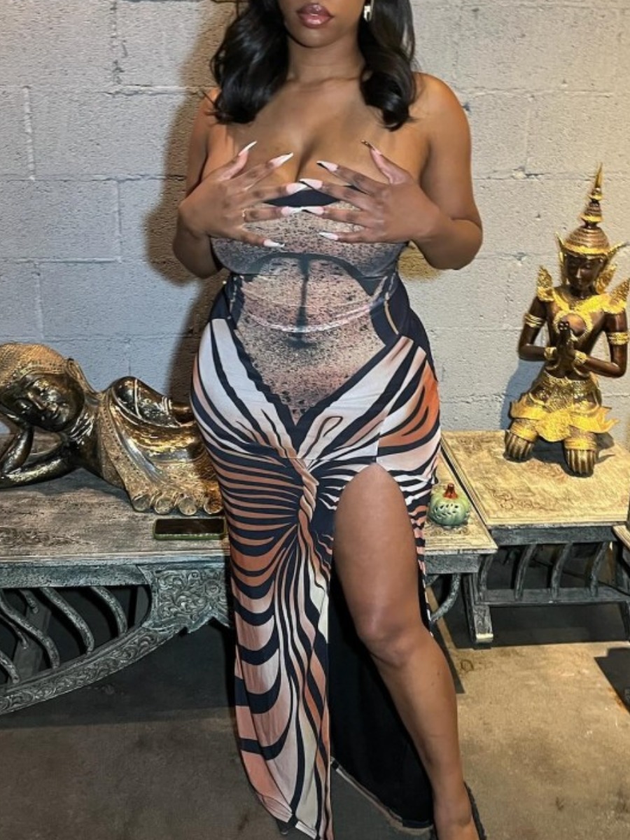 LW SXY Off The Shoulder Animal Print Thigh Slit Dress