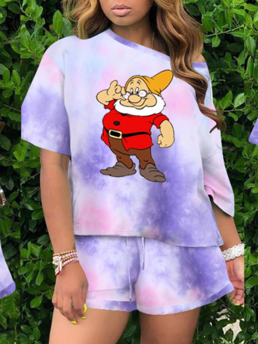 LW Plus Size Cartoon Print Tie Dye Drawstring Shorts Set