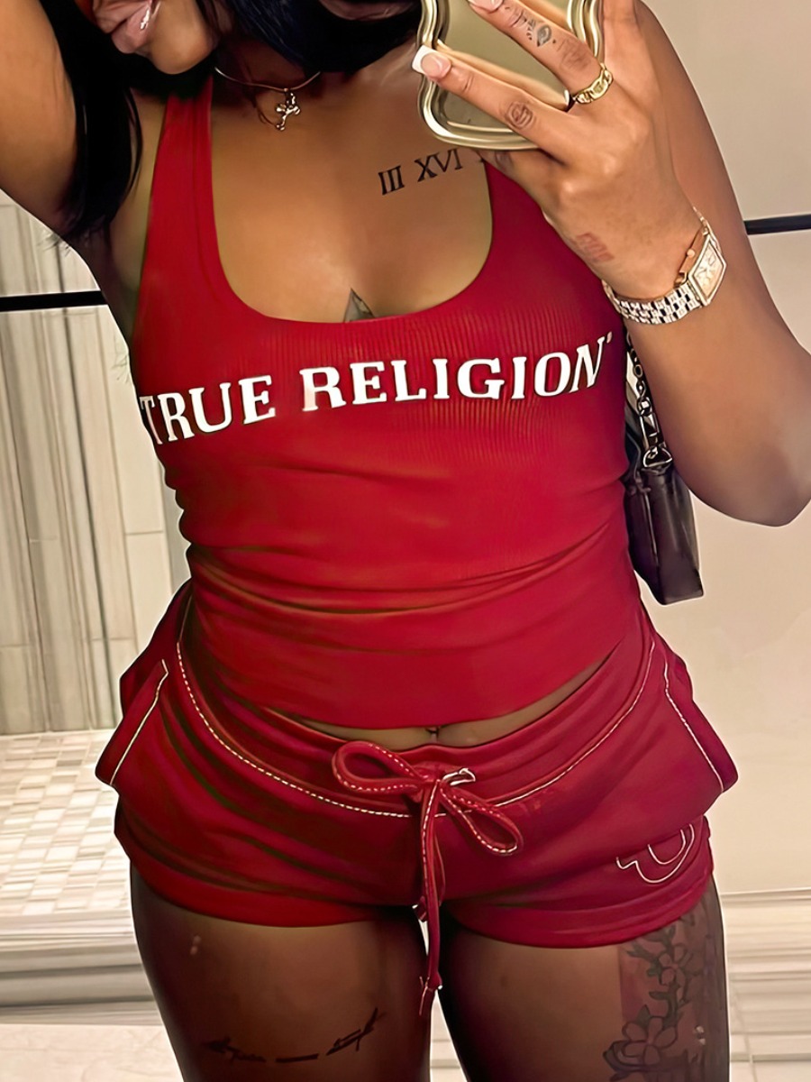LW Cami Letter Print Drawstring Shorts Set
