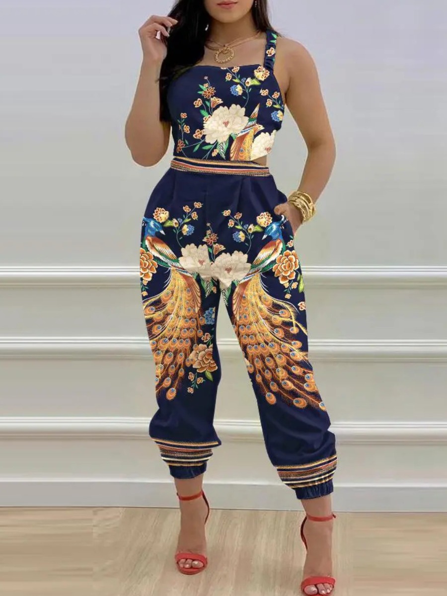 LW Plus Size Cami Peacock Floral Print Jumpsuit