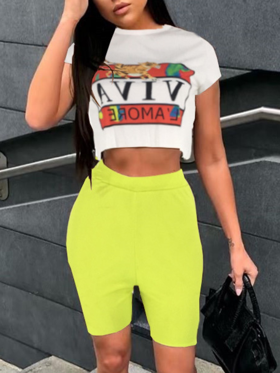 LW Crop Top Figure Letter Print Shorts Set