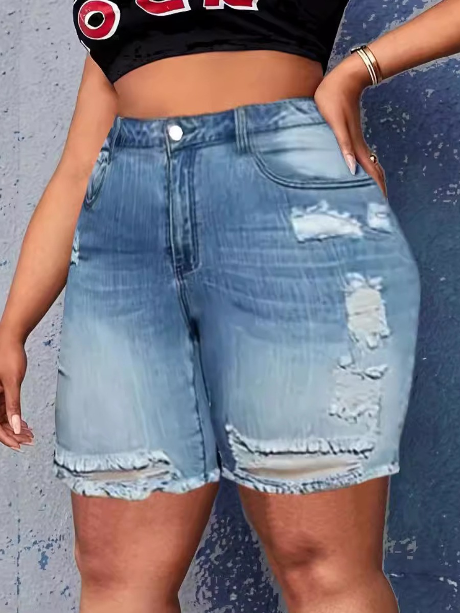 LW Plus Size Mid Waist Ripped Raw Edge Denim Shorts