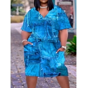 LW Plus Size Imitation Denim V Neck Pocket Design 