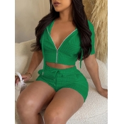 LW Hooded Collar Crop Top Drawstring Shorts Set
