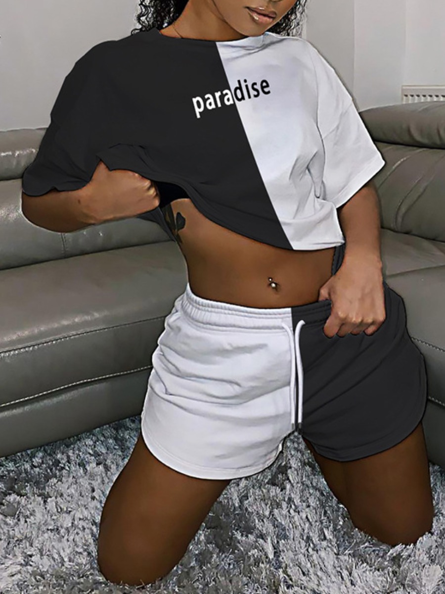 LW Letter Print Drawstring Shorts Set