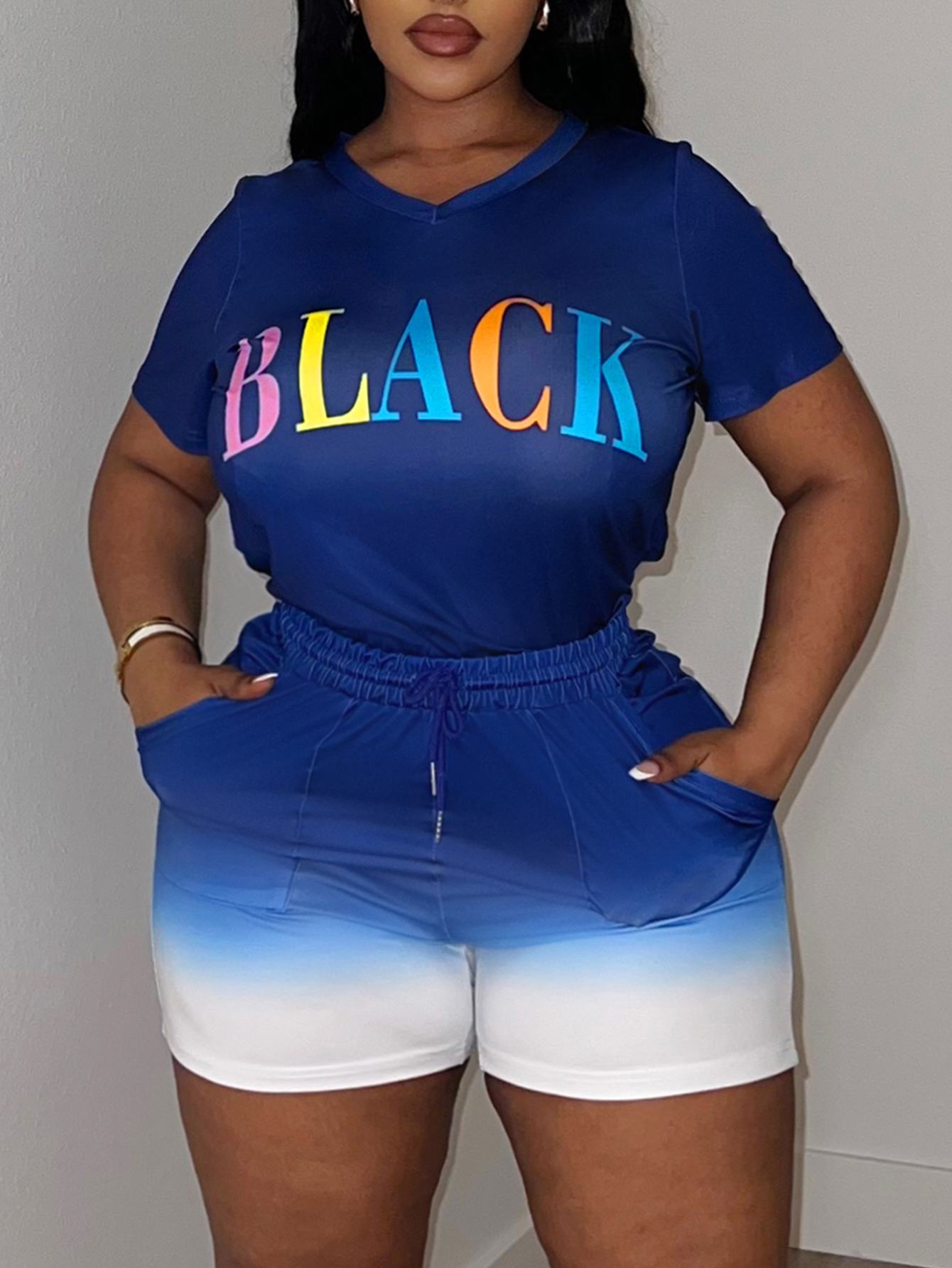 LW BASICS Plus Size Gradient Letter Print Drawstring Shorts Set