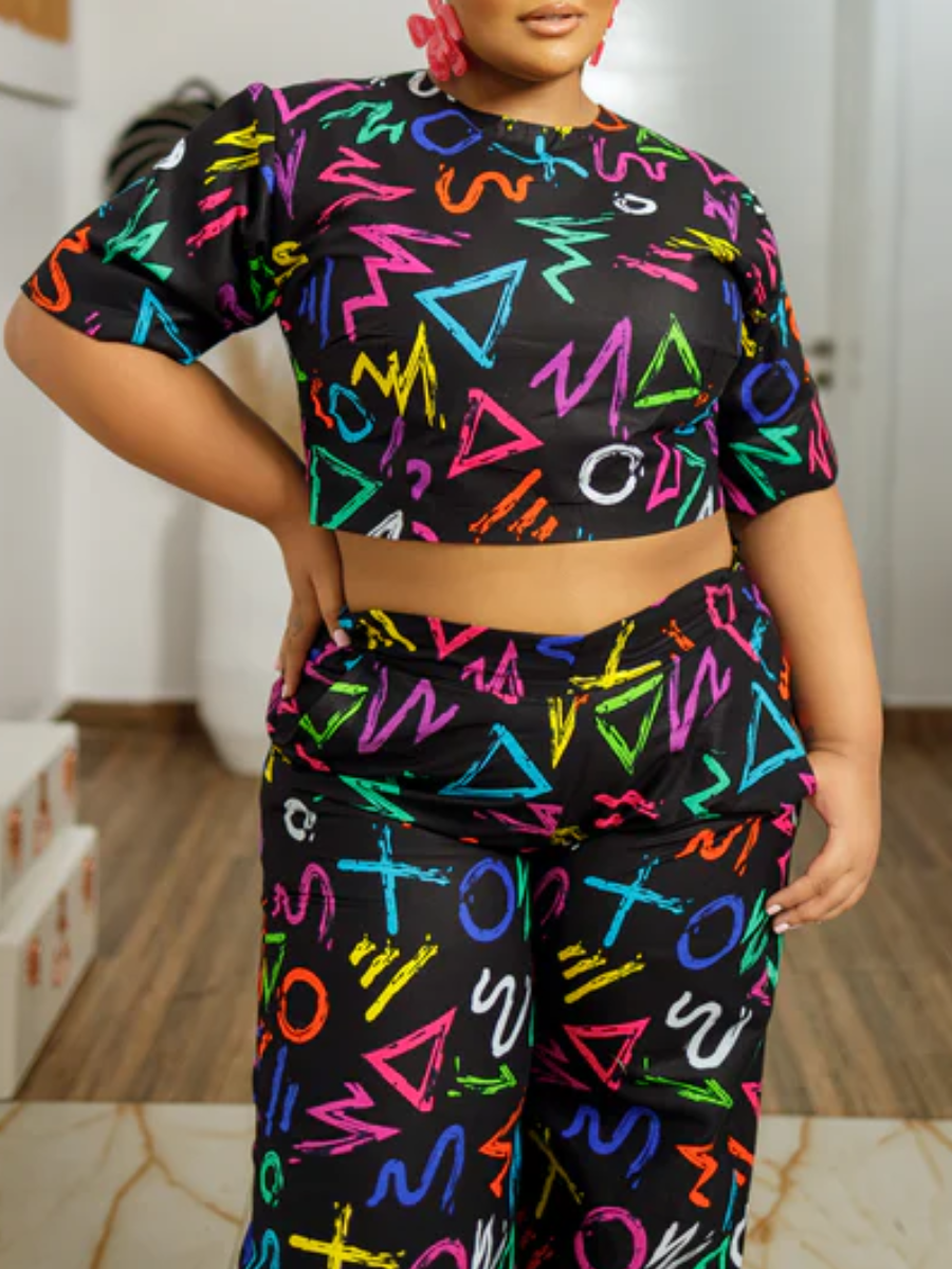 LW Plus Size Crop Top Graffiti Letter Pants Set