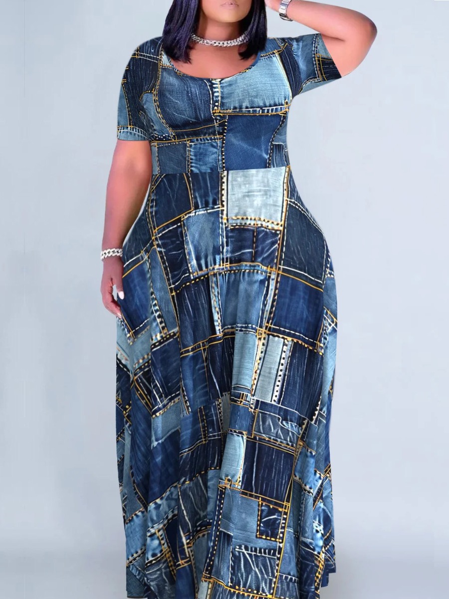 LW Plus Size Imitation Denim Patchwork A Line Dress