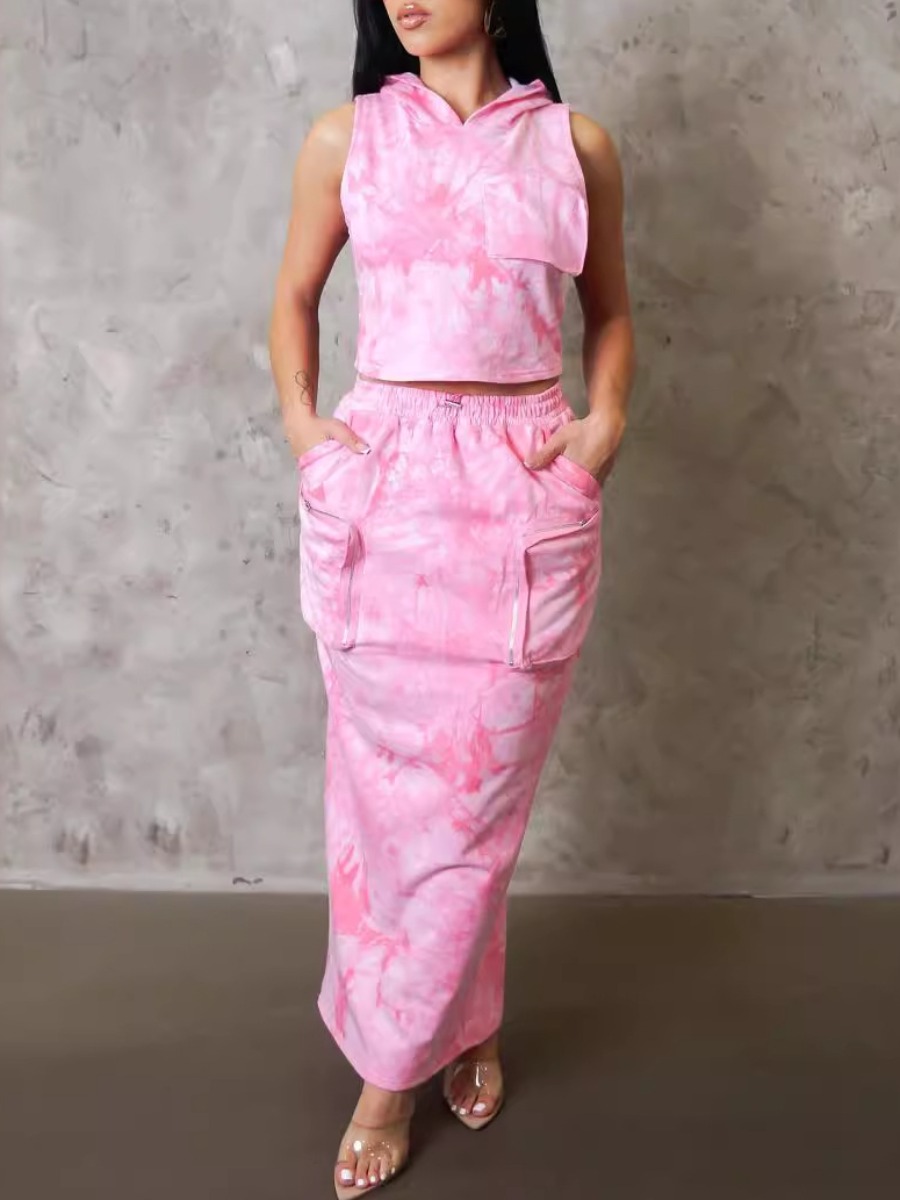 LW Plus Size Hooded Collar Tie Dye Pocket Design Skirt Set