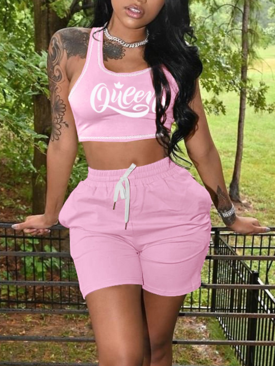 LW Crop Top Queen Letter Print Drawstring Shorts S
