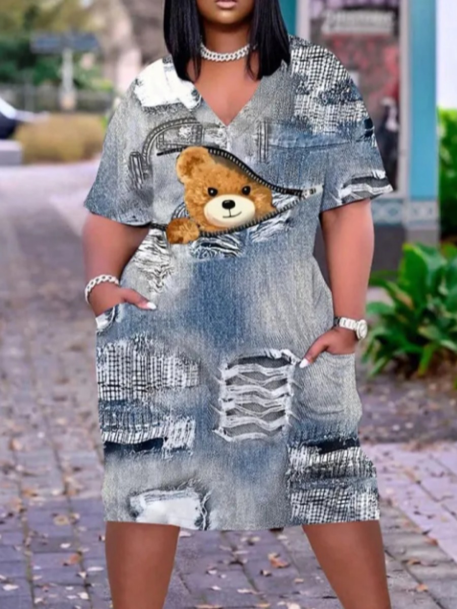 LW Plus Size Imitation Denim Teddy Bear Print Pocket Design Dress