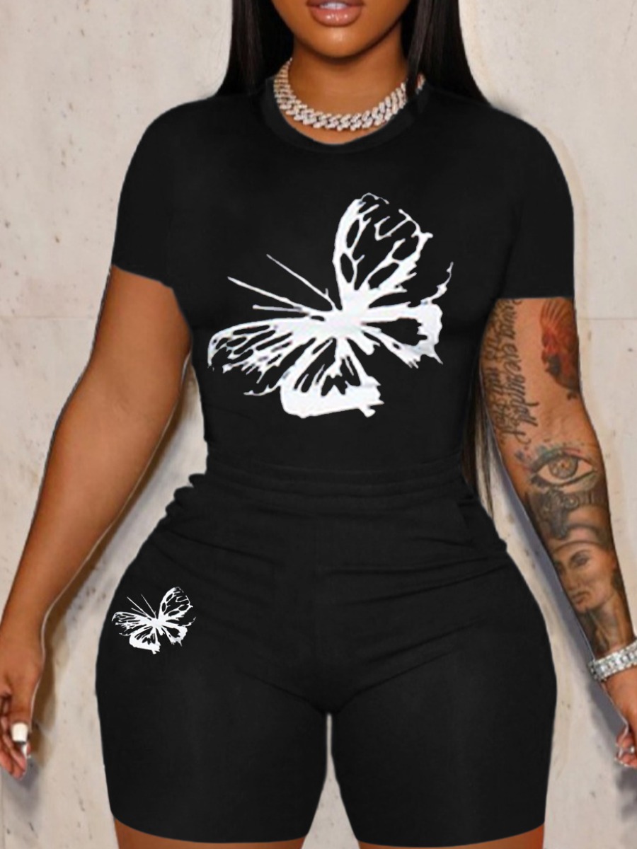 LW Plus Size Round Neck Buttefly Print Shorts Set