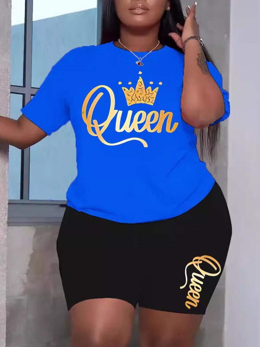 LW Plus Size Crown Queen Letter Print Shorts Set