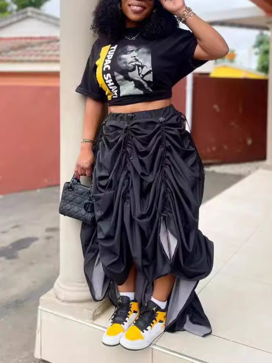 LW Plus Size Crop Top Figure Letter Print Fold Des