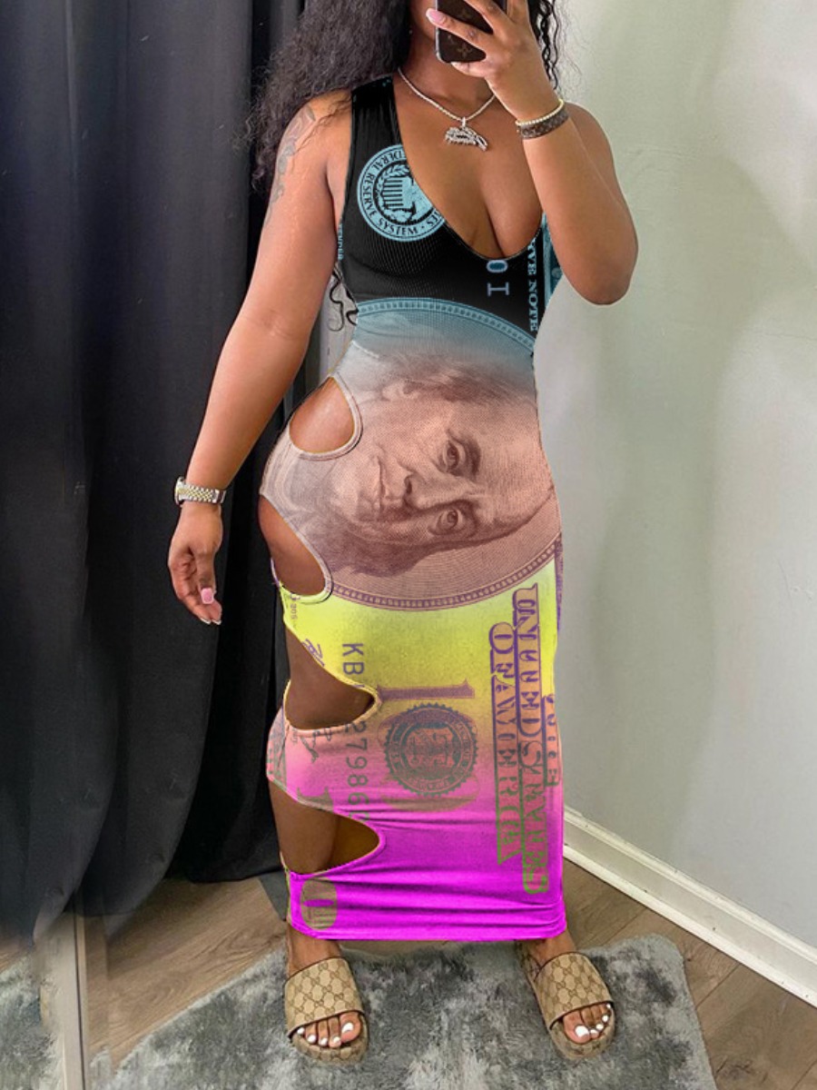LW Gradient Money Letter Print Cut Out Bodycon Dre